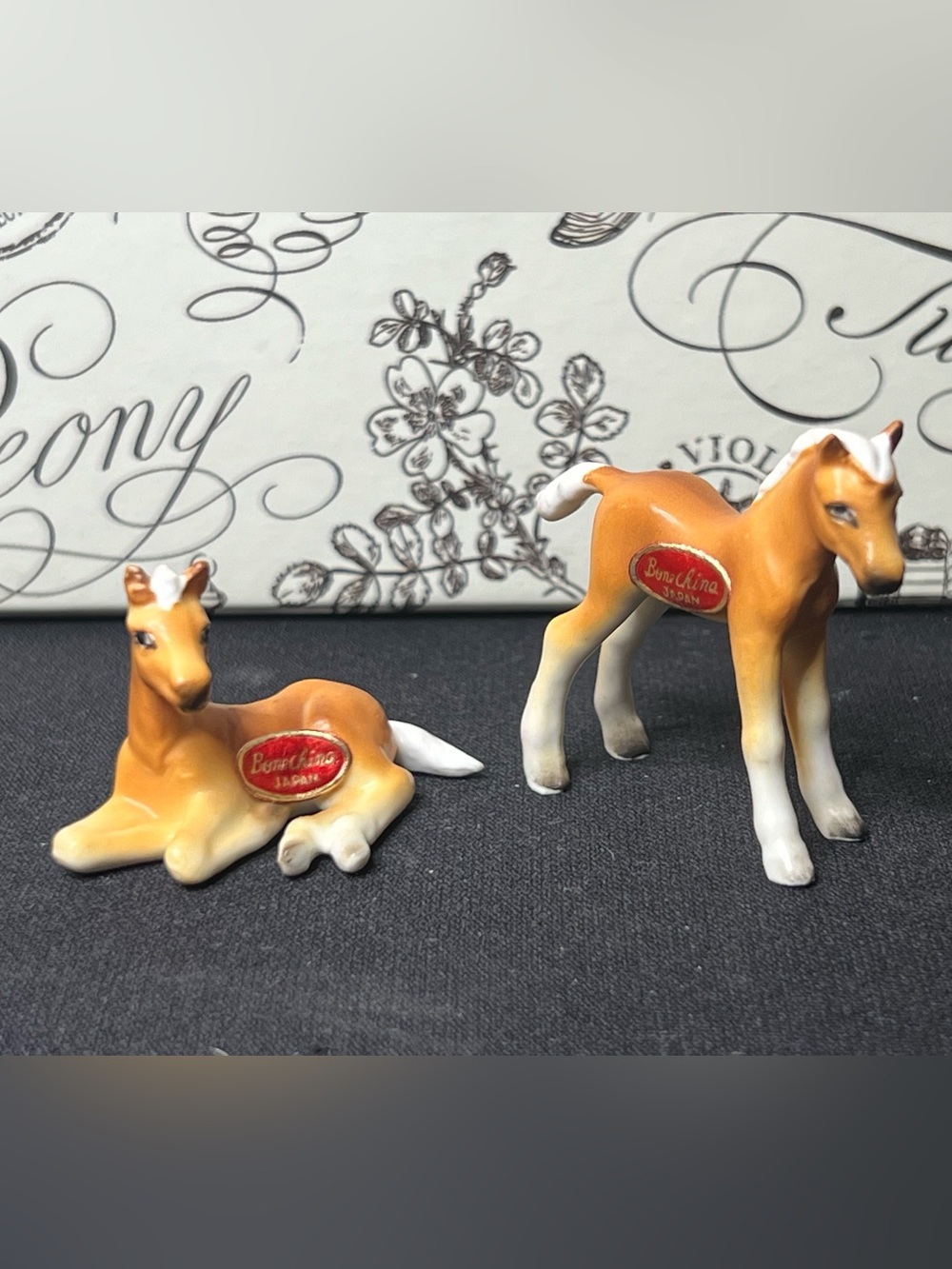 Vintage Bone China Japan Miniature Horse Figurines - Tan and White